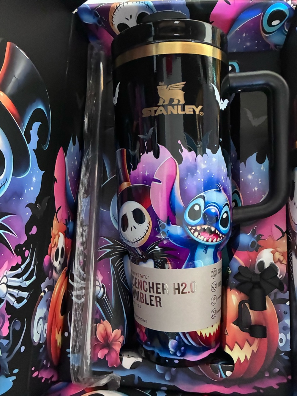 Stanley Black Halloween Stitch Travel Mug with Blue Purple skeleton black